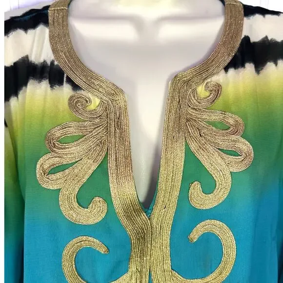 NWT Nicole Miller Large blouse cover up turqouise tie dye border sheer resort - Picture 2 of 8